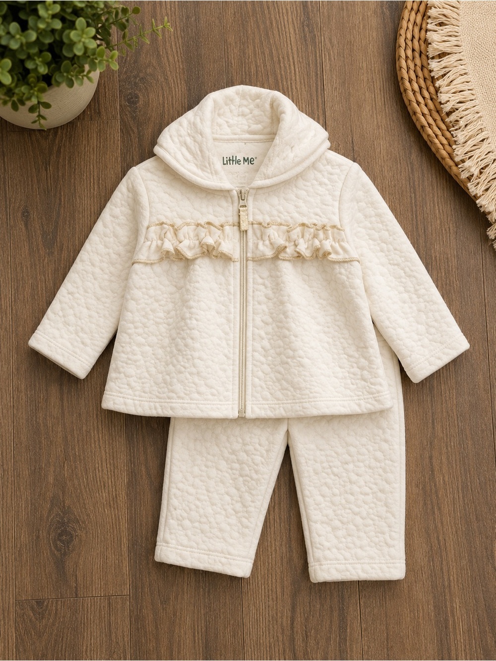 Little Me Cream Quilted Hooded Jacket & Pant Set with Ruffle Trim